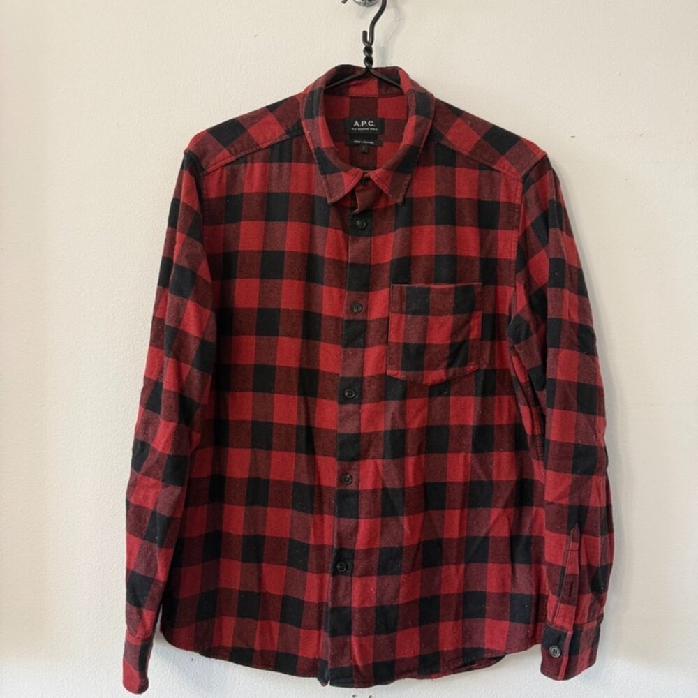 A.P.C. Rue Madame Paris Red Black Buffalo Plaid Flannel Shirt Size L